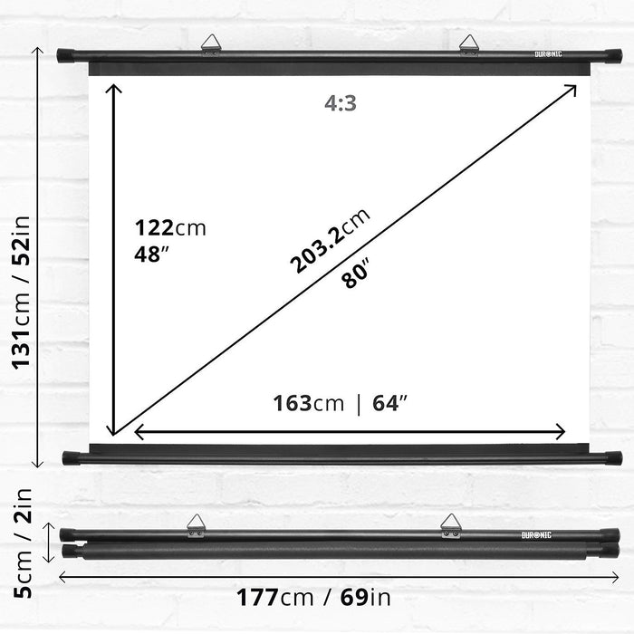 Duronic Projector Screen BPS80/43 Bar Mount 80 Inch White Projection Screens Wall or Ceiling Mountable with Hooks 4:3 for School Office Home Cinema