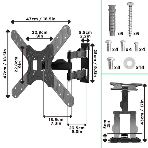 Duronic TV Wall Bracket Mount for 17-60 Inch TVB420 | Cantilever Wall Stand for Television Screen | Tilt Swivel | VESA Up to 400 x 400mm | Fixing for Flat Screen LCD LED LED QLED | Strong Heavy Duty