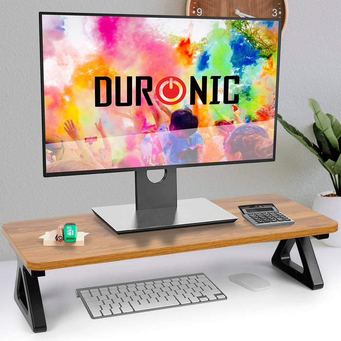 Duronic Monitor Stand Riser with black legs, holding a computer screen on a white desk.