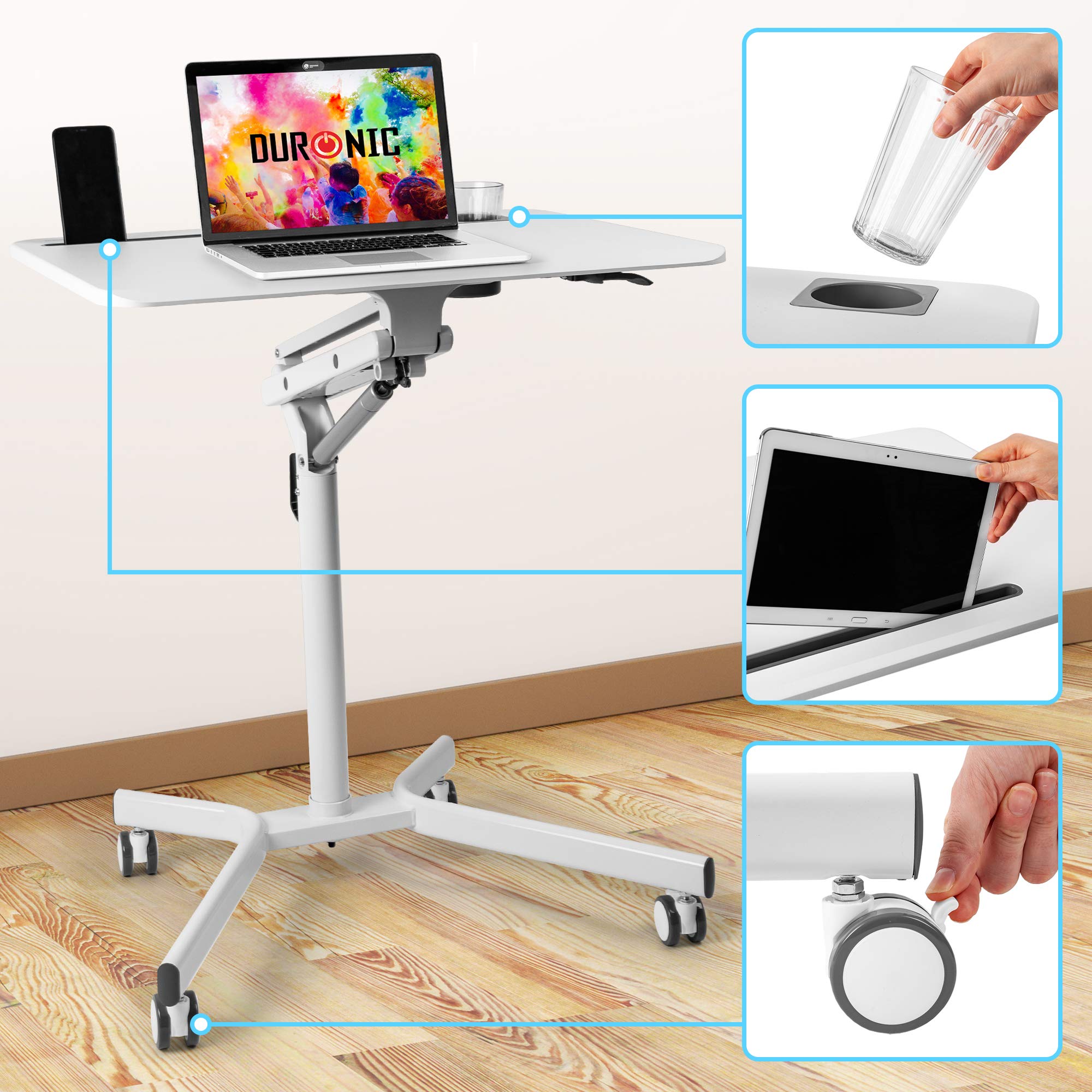 Duronic Sit-Stand Desk WPS57 | WHITE Ergonomic Desk with Tablet Support & Cup Holder | Multi-Use Table on Wheels | 70x52cm Platform | Adjustable Height & Reach | 10kg Capacity | For Home/Office…