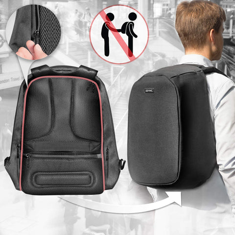 Duronic Travel Laptop Backpack showing hidden rear zippers and secure design for safe daily commuting.