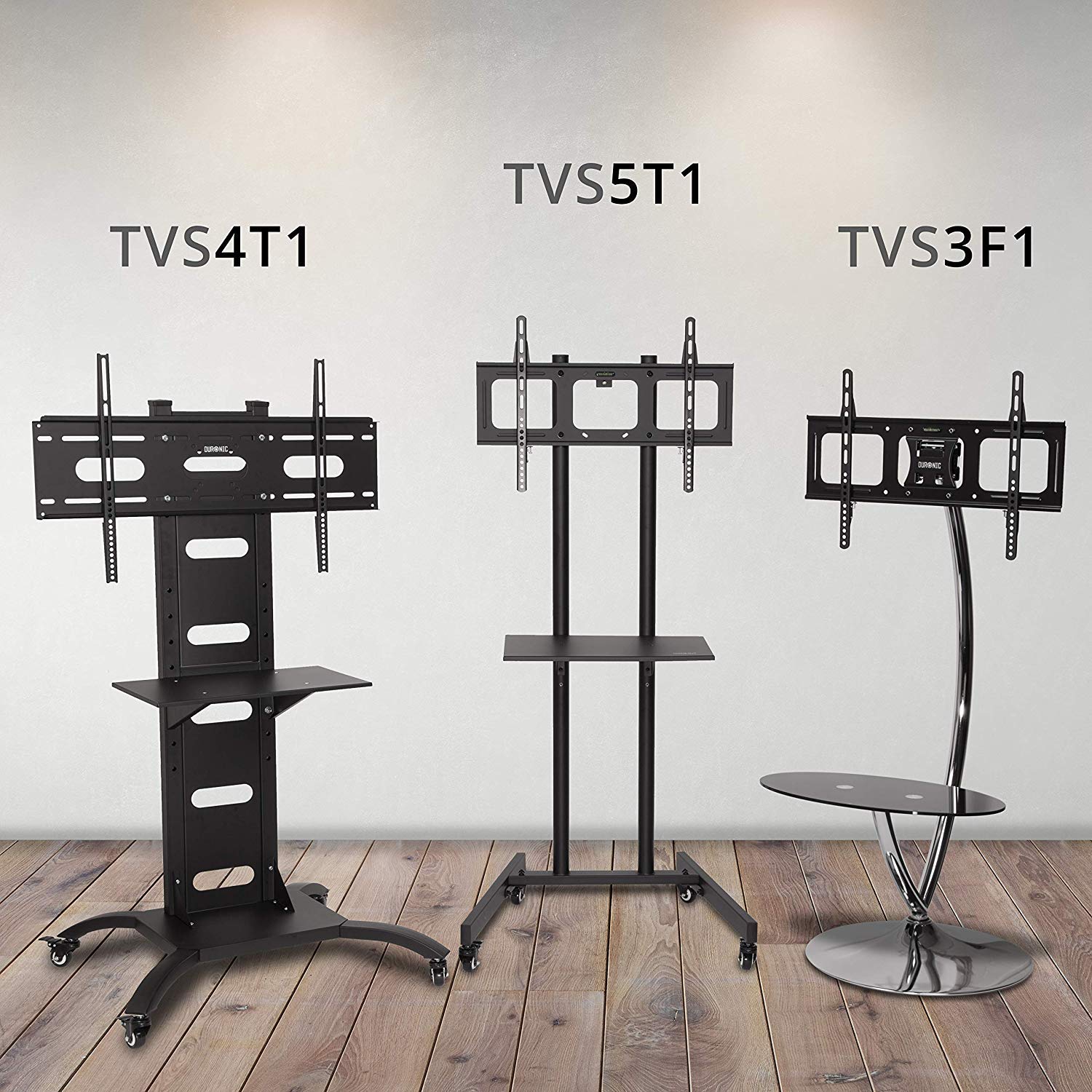 Duronic TV Mount Stand Bracket TVS4T1 | Floor Standing for 37-70 Inch Flat Screen | With Tilt and Swivel | VESA Up to 700x400 | Strong Heavy Duty | Max. 82kg Capacity | Shelf | On Wheels