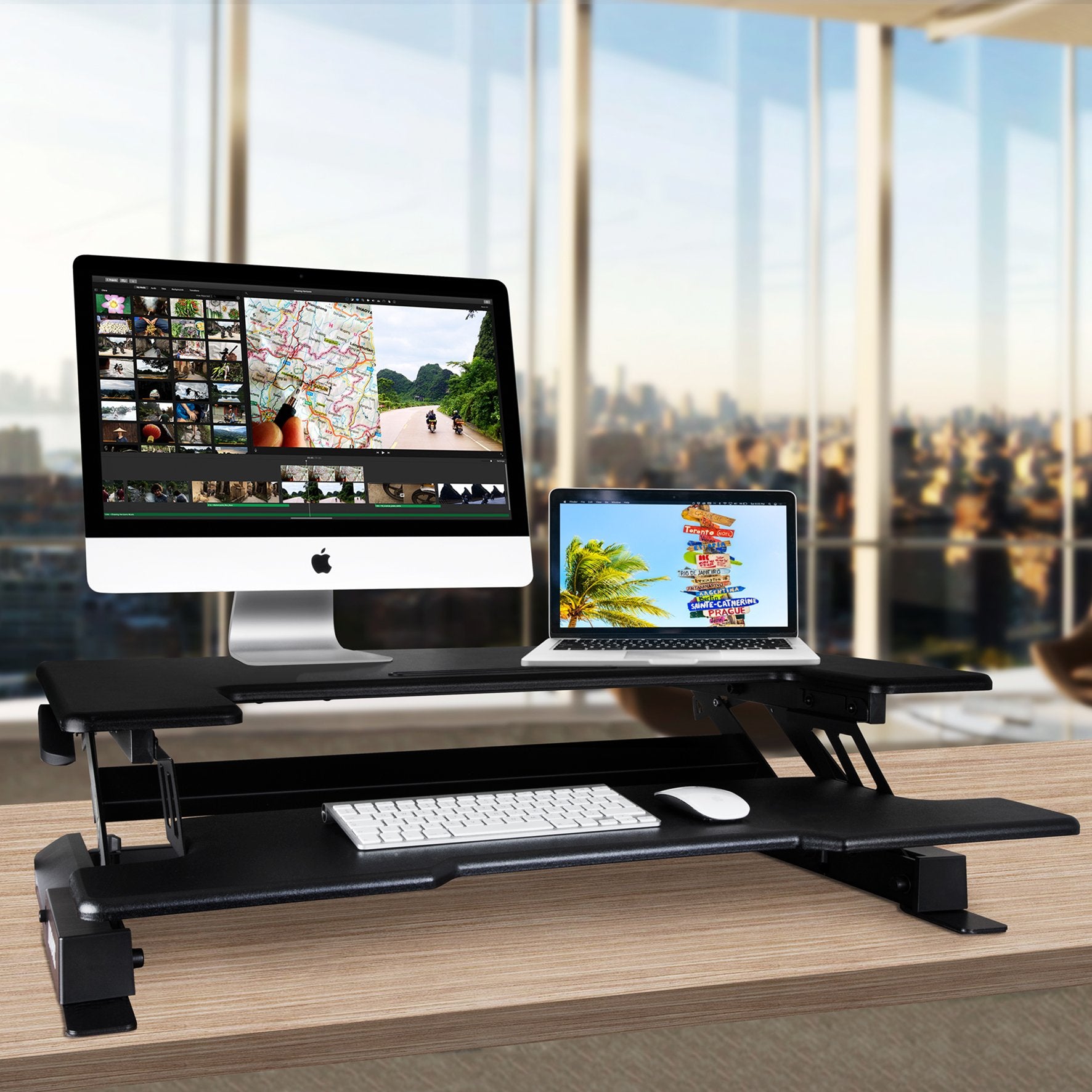 Duronic Sit-Stand Desk DM05D1 [BLACK] | Height Adjustable Office Workstation | 92x56cm Platform | Raises 16.5-41.5cm | PC Computer Screen, Keyboard, Laptop Riser | Ergonomic Desktop Table Converter