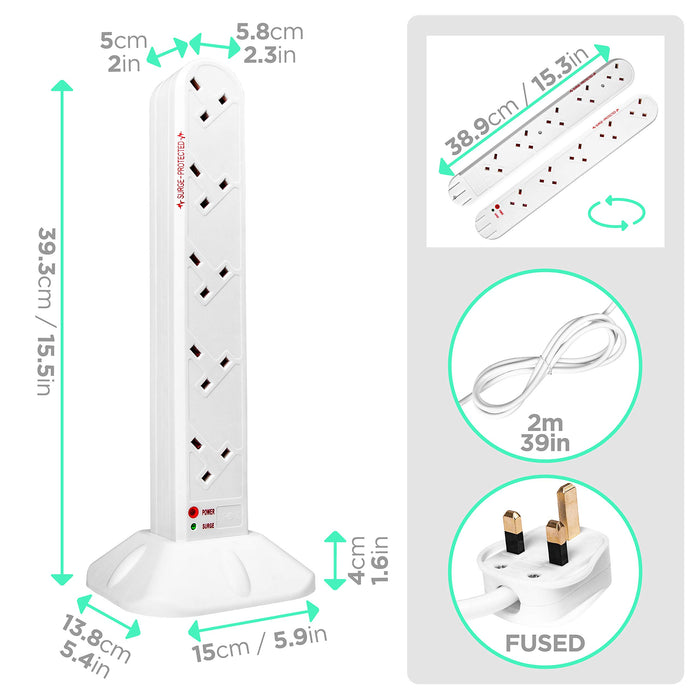 Duronic Extension Lead Tower ST10W Power Strip Cord Adaptor 10 Gang Way | Electric UK Multi Plug Socket Adapter White |Surge & Spike Protector| Max. 3000W Capacity | 1.8 Metre Power Cable