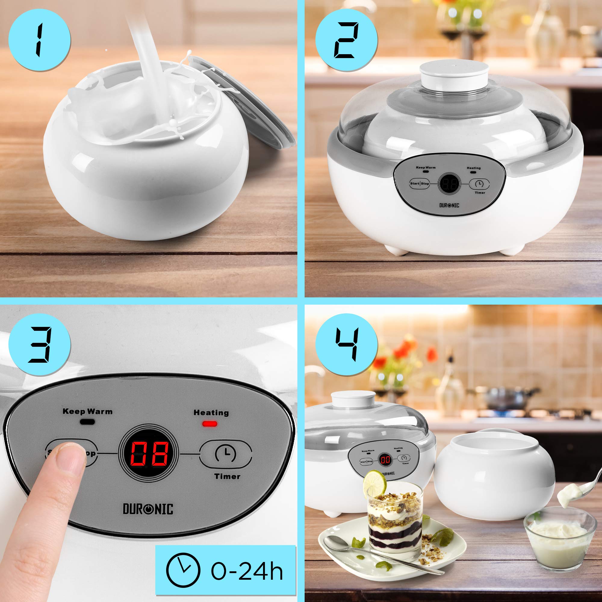 Duronic Yoghurt Makers YM1 Electric Yogurt Maker with Large 1.5L Ceramic Pot Digital Yogurt Making Machine for Homemade Natural Greek Yoghurt 20W Soft Cheese Maker for Healthy Breakfast Protein Snack