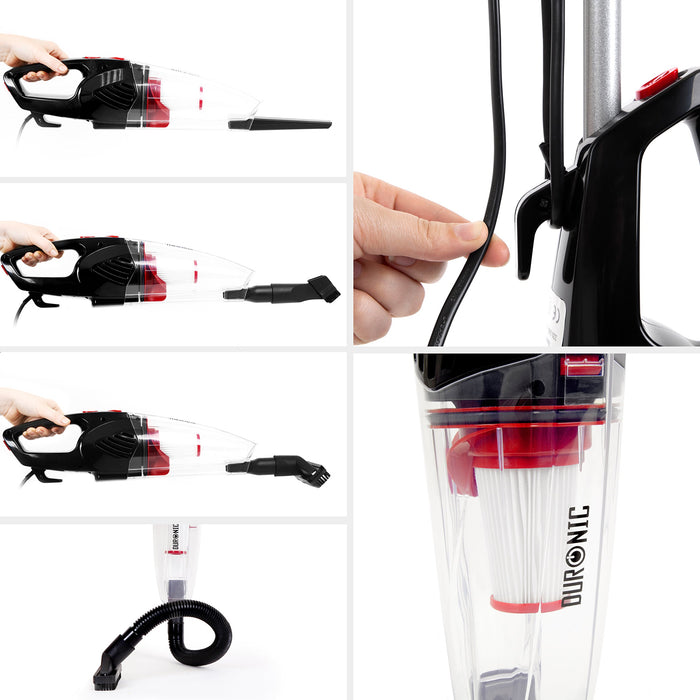 Duronic Upright Vacuum Cleaner VC8 BK Lightweight Handheld Portable Corded Stick Vac Cleaners Hand Held Floor Carpet Upholstery Cleaner with HEPA Filter for Cleaning Dust, Hair in Home & Car