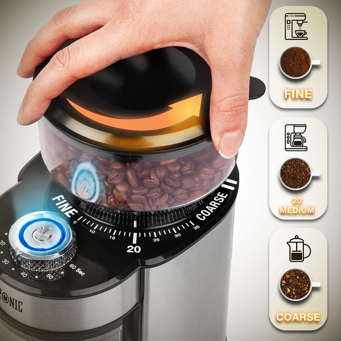 Duronic Burr Coffee Grinder BG200, Conical Burr Grinder for Coffee Beans, Electric Burr Grinder with 35 Grind Settings, Makes up to 12 Cups, 200W, 200g Capacity