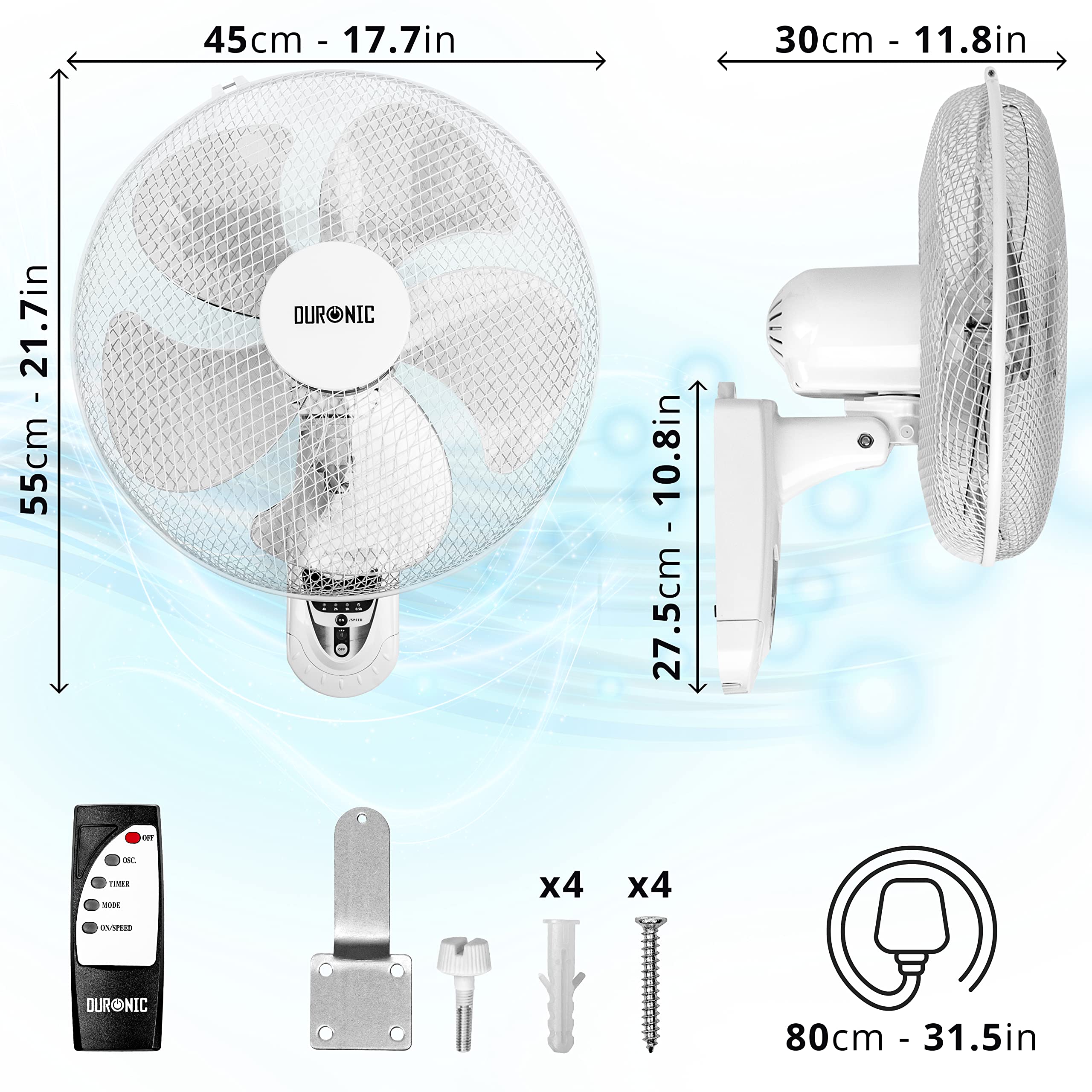 Duronic Wall Fan FN55 WE Wall Mounted Fan with Remote Control, 16 Inch Fan, 3 Speeds, Timer, White Fan with 5 Blades for Ultimate Air Cooling