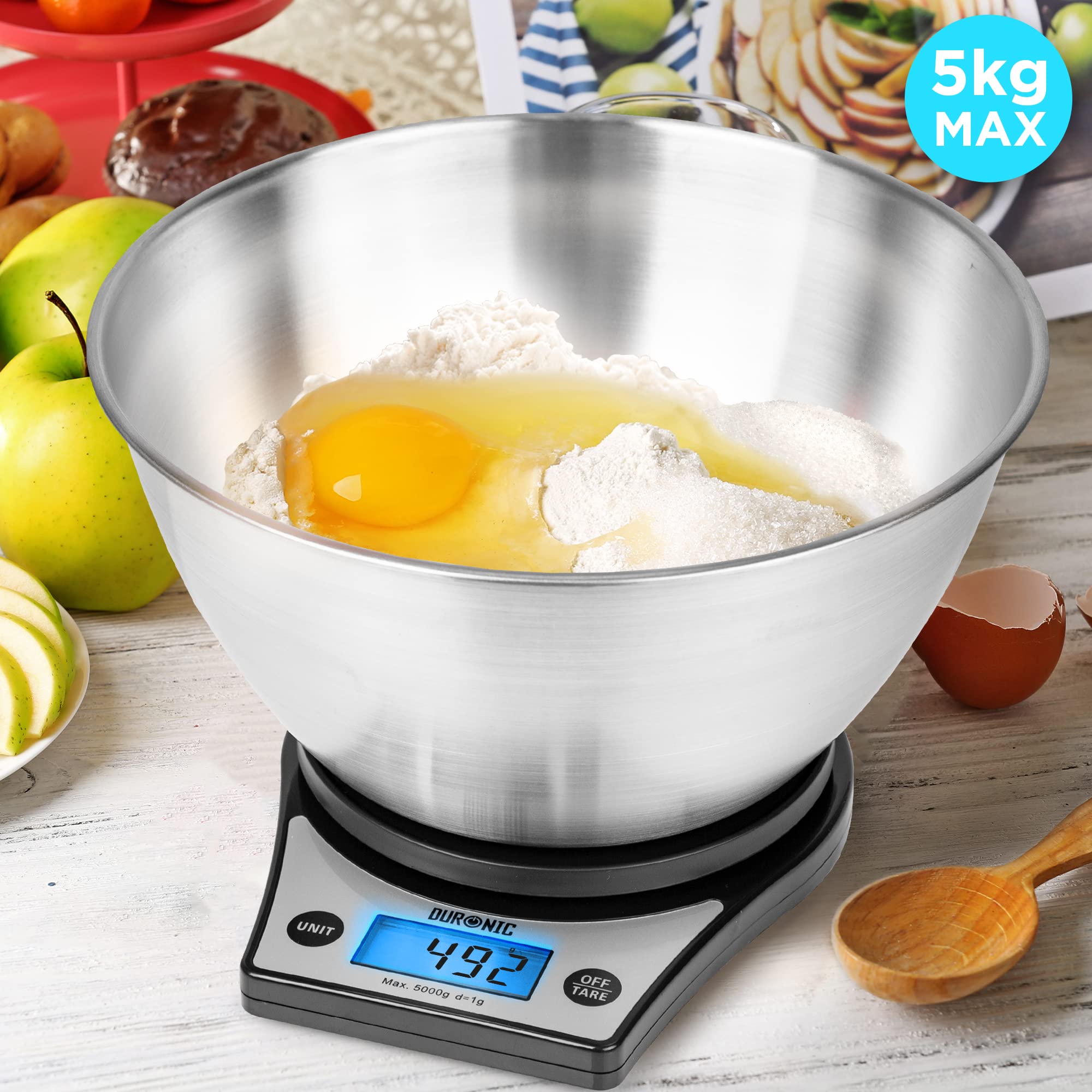 Duronic Digital Kitchen Scale KS6000 BK/SS Kitchen Scales with Bowl, Weighing Scale, Baking Scale for Cooking Baking Pet Food Postal, Food Scale Weight Scale, Electronic Scale with Backlit LCD Display