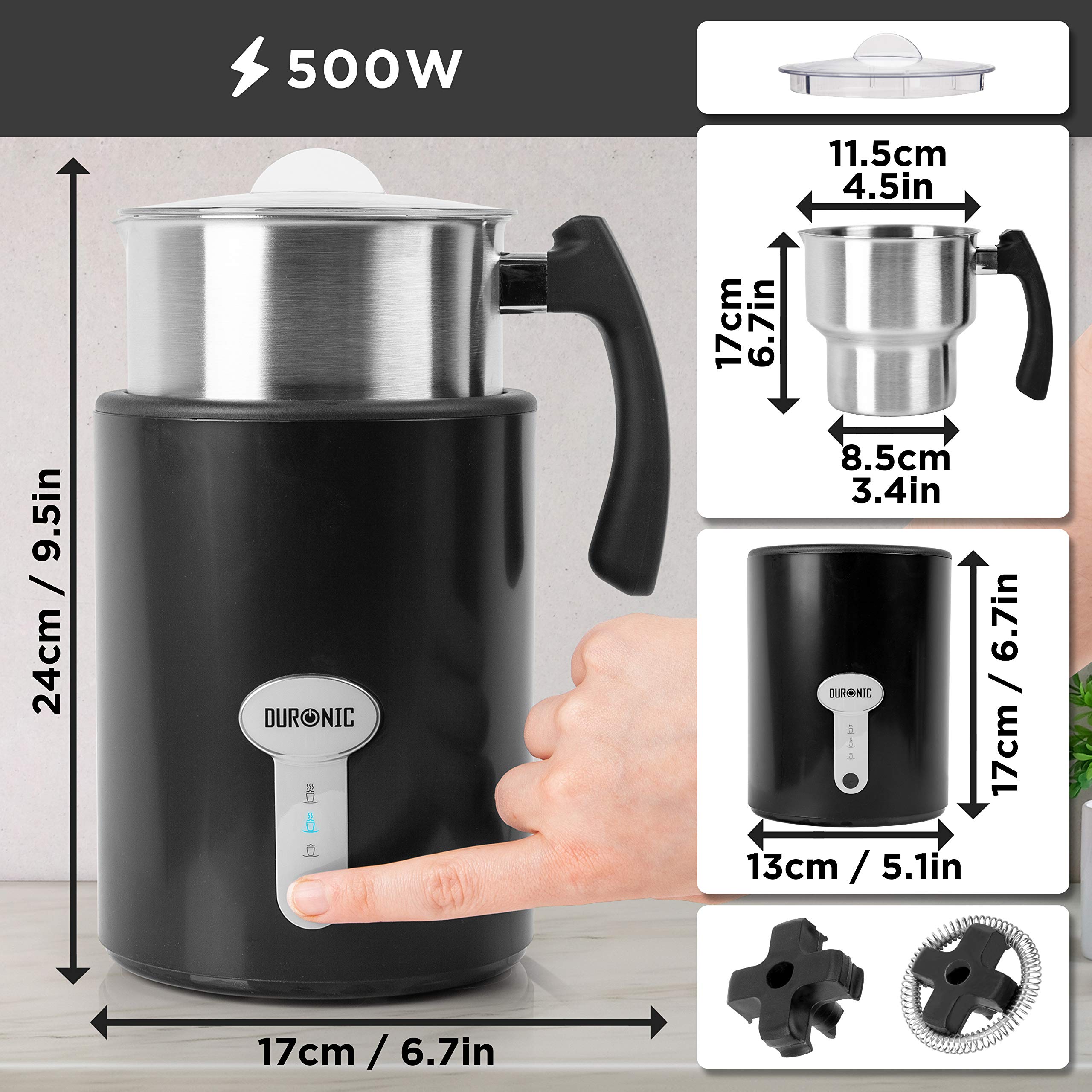 Duronic Milk Frother Electric MF500 Coffee Milk Frothers Steamer, Automatic Hot and Cold Foam Maker, Hot Chocolate Machine with Milk Heater and Warmer for Latte Froth, Coffees and Matcha