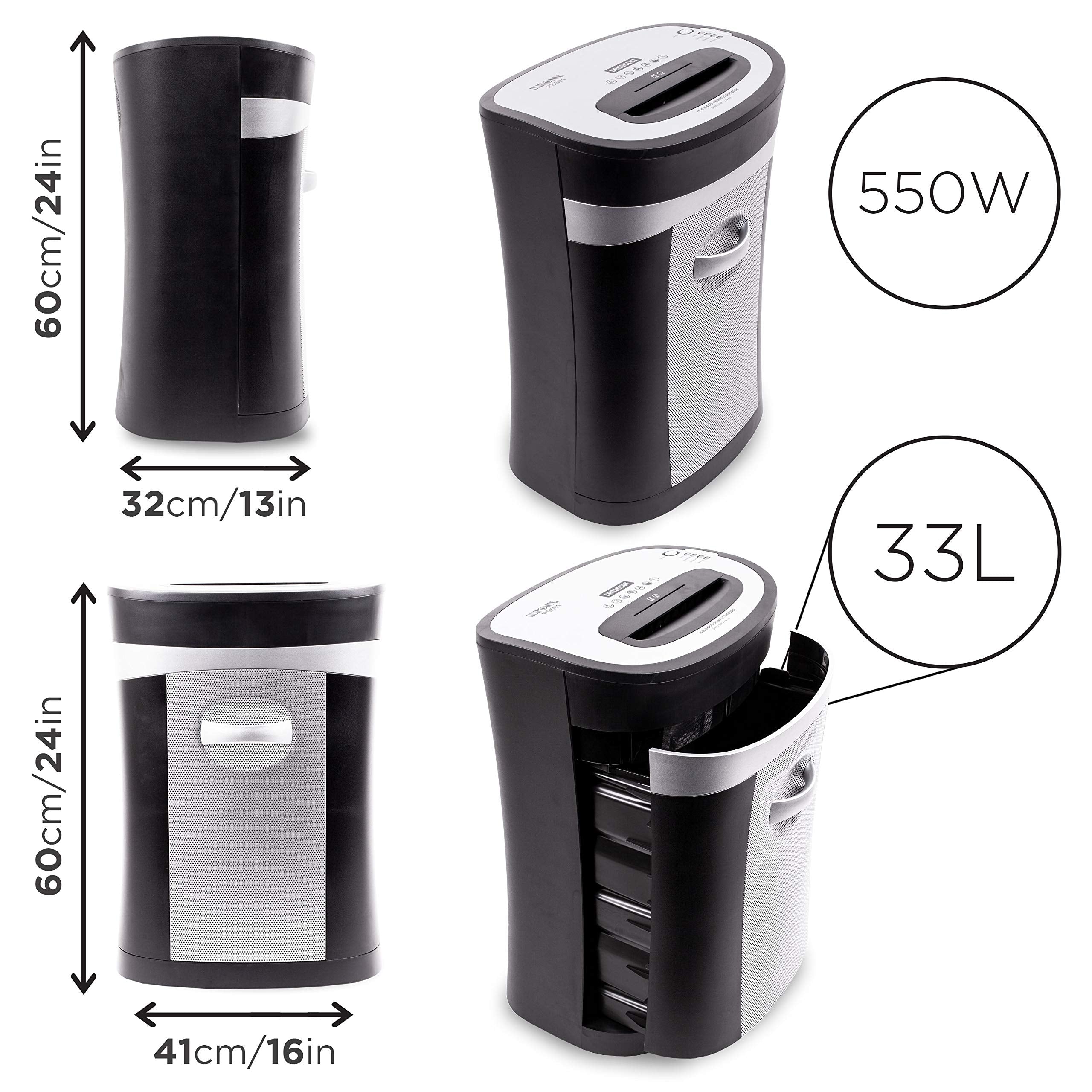Duronic Cross Cut Paper Shredder showing dimensions, 550W power, and a 33L pull-out bin.