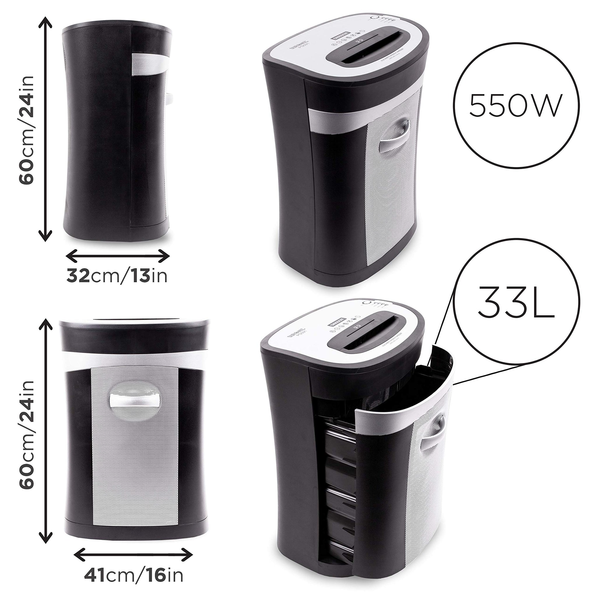 Duronic Cross Cut Paper Shredder showing dimensions, 550W power, and a 33L pull-out bin.