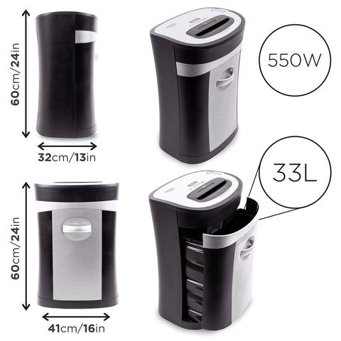 Duronic Cross Cut Paper Shredder showing dimensions, 550W power, and a 33L pull-out bin.