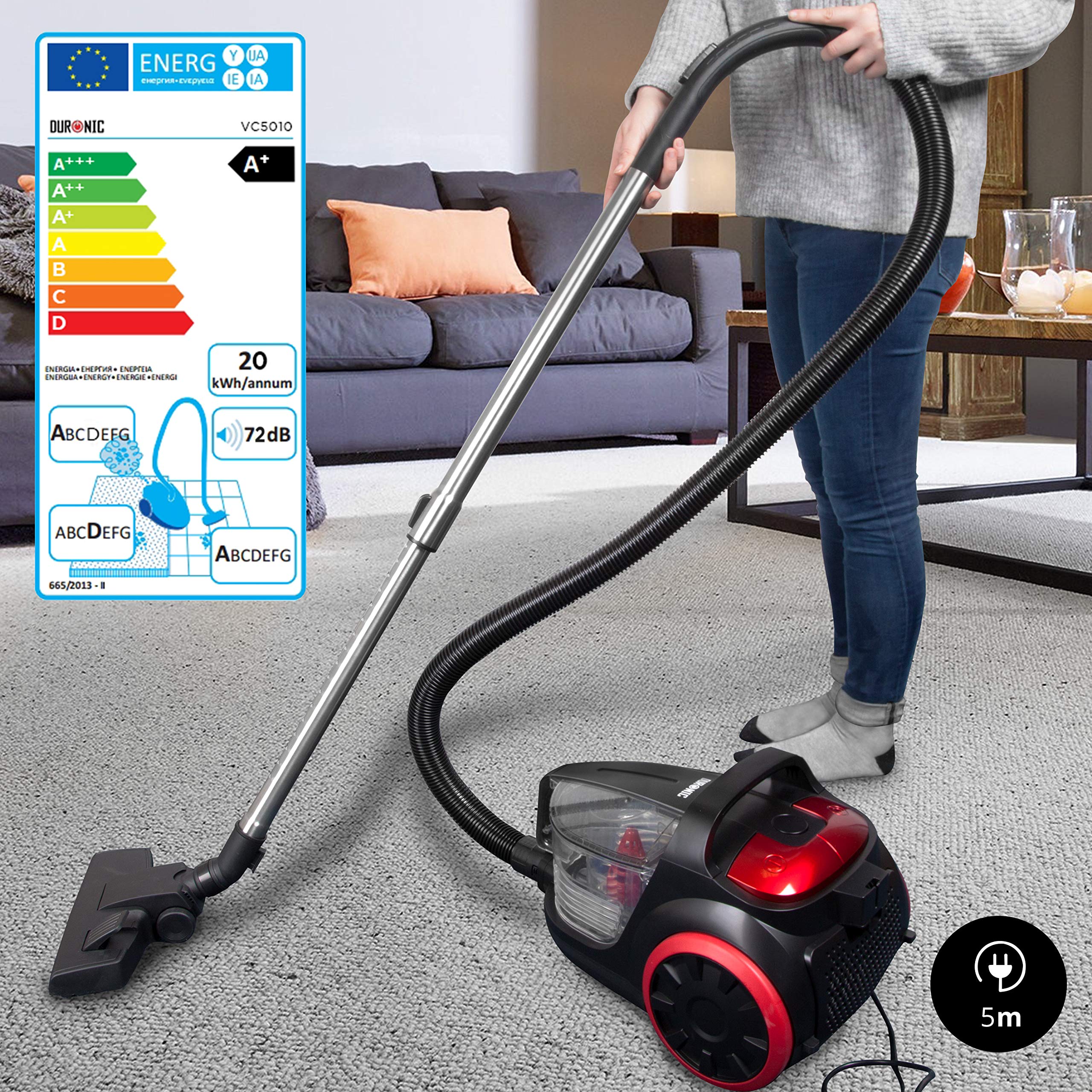 Duronic Bagless Cylinder Vacuum Cleaner VC5010, Cyclonic Carpet and Hard Floor Cleaner, 500W, Lightweight and Low Noise, HEPA Filter, Extendable Hose, Comes with 4 Attachments [Energy Class A+]