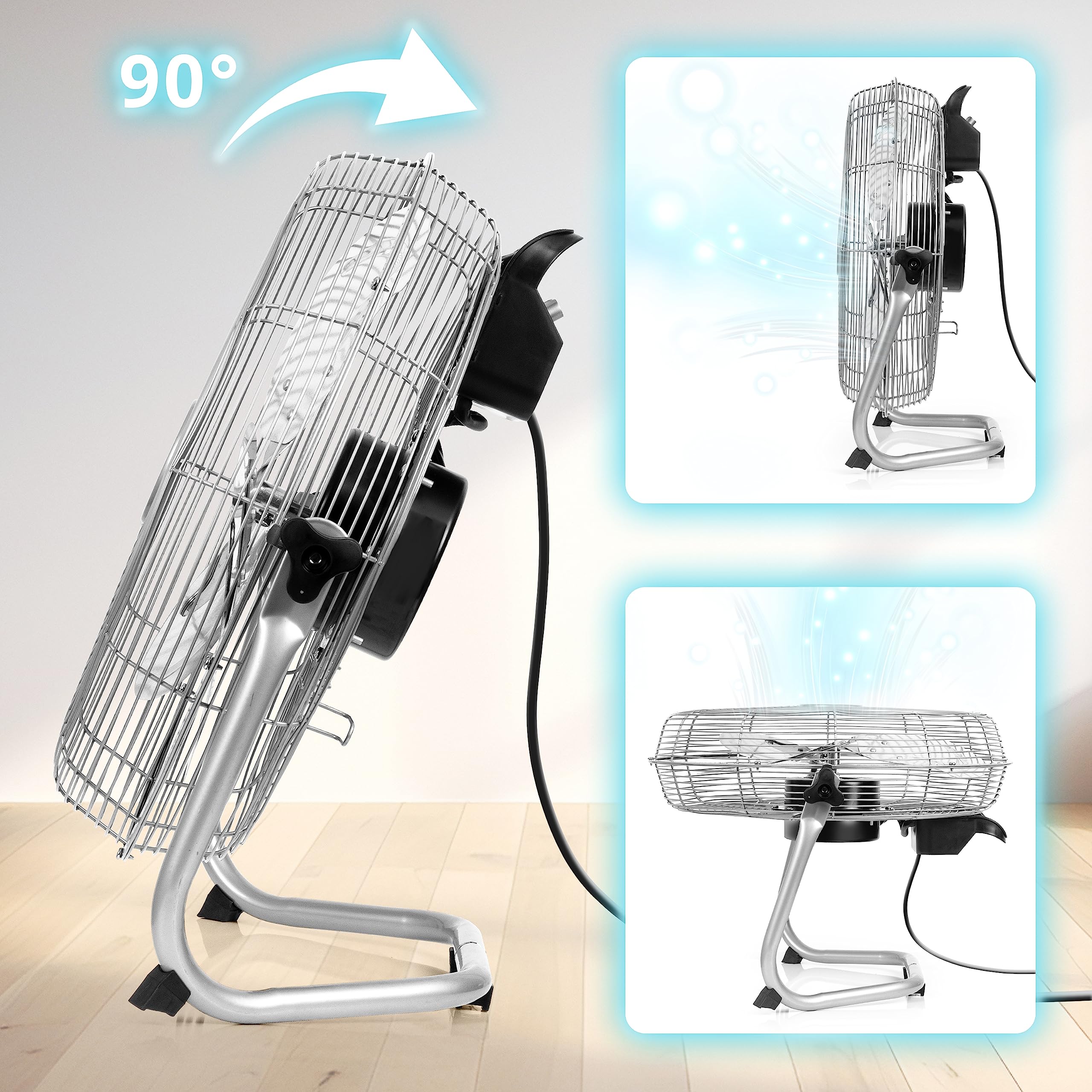 Duronic Floor Fan FN20, Electric Cooling Fan, Portable Pedestal Stand, Lightweight Adjustable Tilt, 3 Chrome Blades, 4 Speeds, High Velocity Industrial Floor Standing Fan for Home Bedroom Office Gym