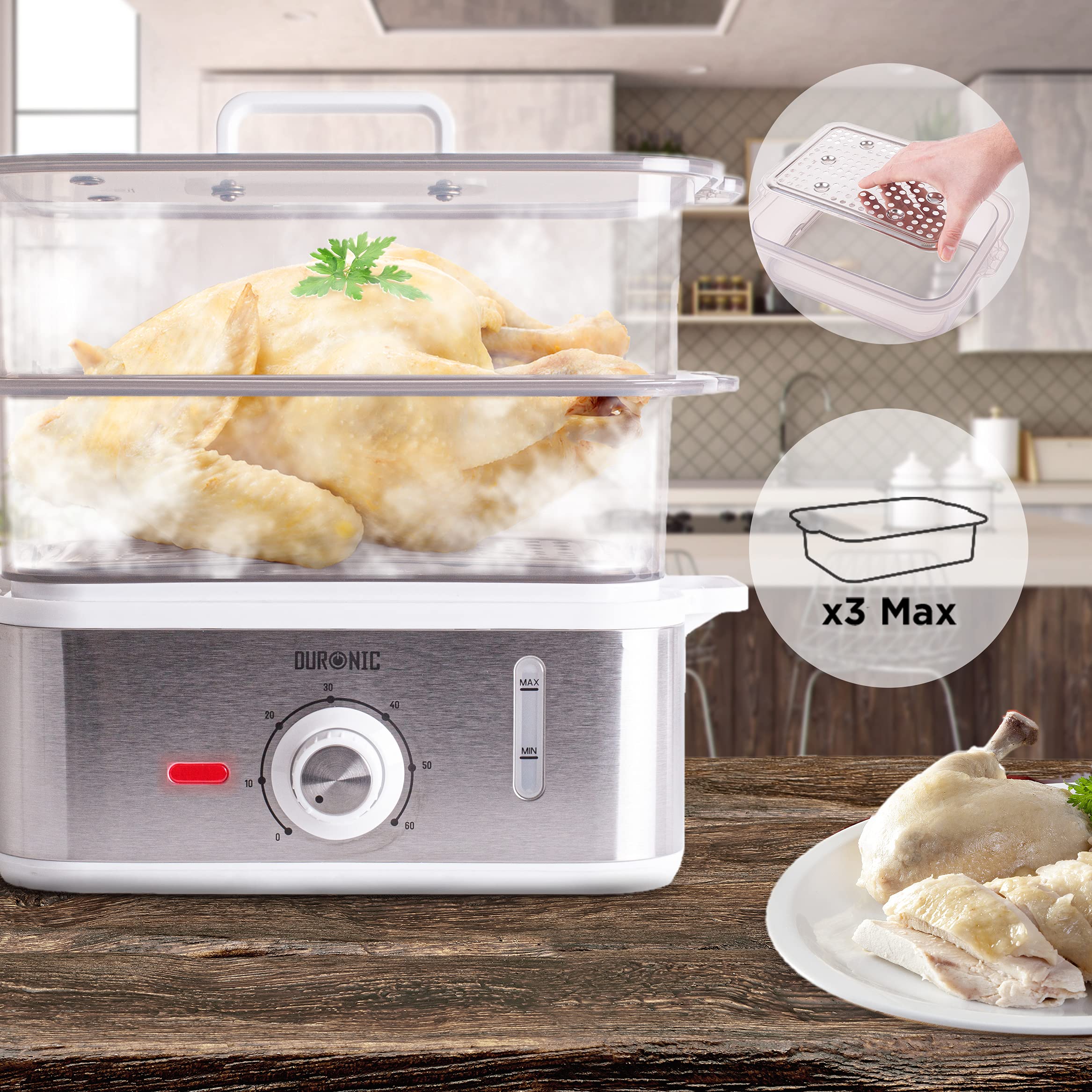 Duronic Electric Food Steamer FS87, 3 Tier Vegetable Steamer with Rice Bowl, BPA Free Dumpling Maker with 870W and Timer Function to Steam Rice, Dumpling, Vegetables