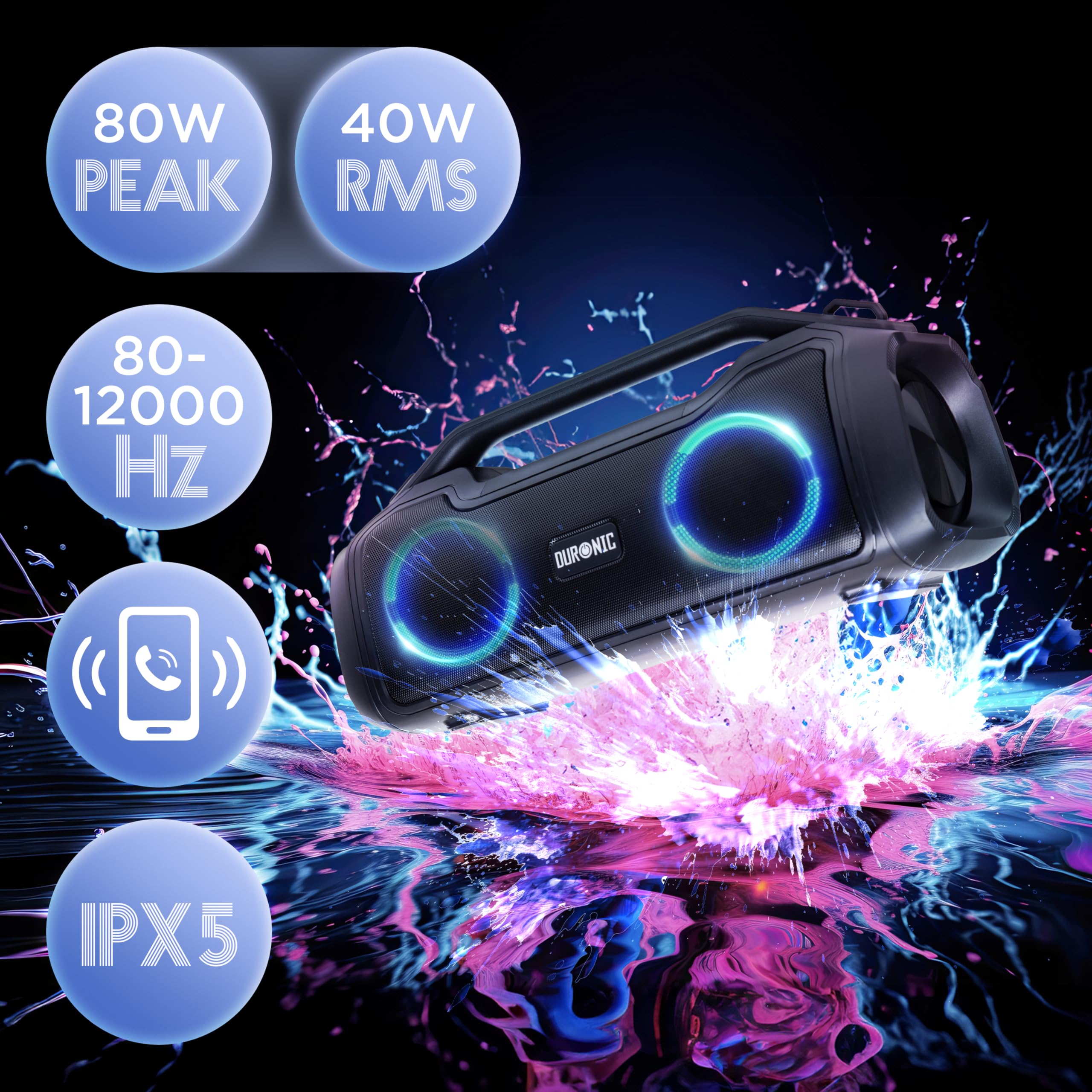 Duronic Portable Bluetooth Speaker BX48, Wireless Boombox with RGB, IPX Waterproof Loudspeaker for Party, Outdoor, Travel, Home Subwoofer with USB Plug in AUX Loud Speakers