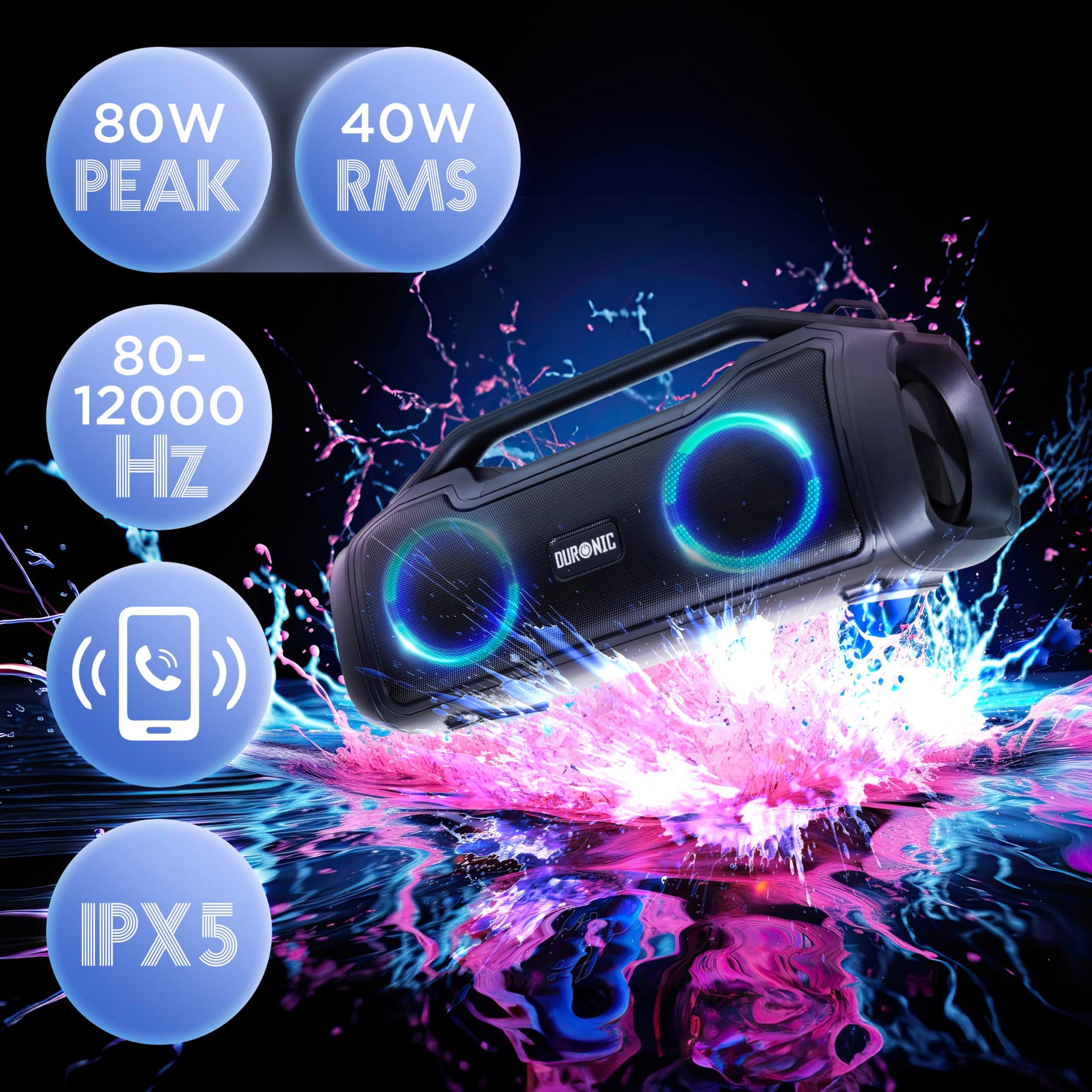 Duronic Portable Bluetooth Speaker BX48, Wireless Boombox with RGB, IPX Waterproof Loudspeaker for Party, Outdoor, Travel, Home Subwoofer with USB Plug in AUX Loud Speakers