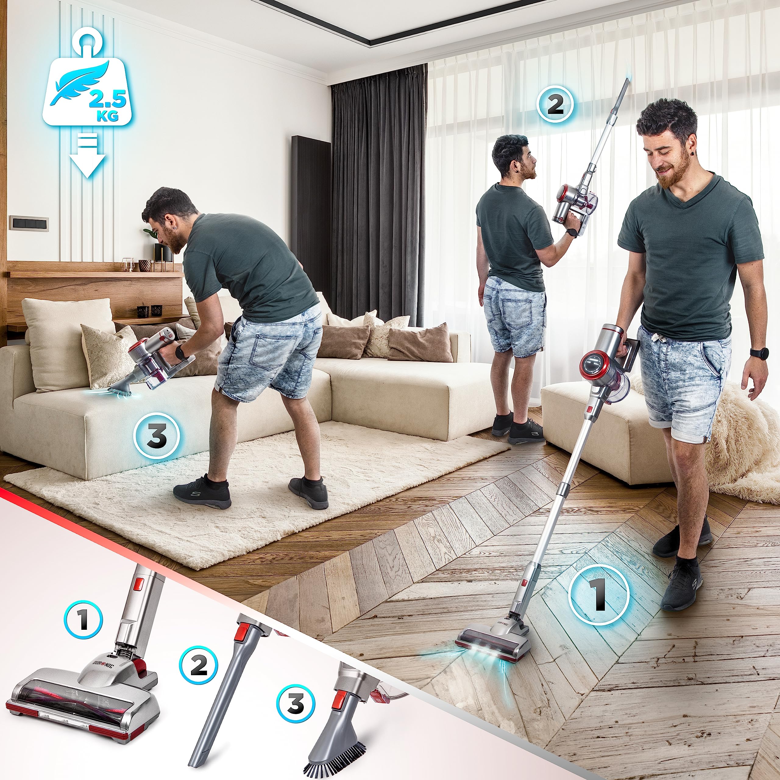 Duronic Cordless Vacuum Cleaner with a man demonstrates the versatility of a 2.5kg vacuum