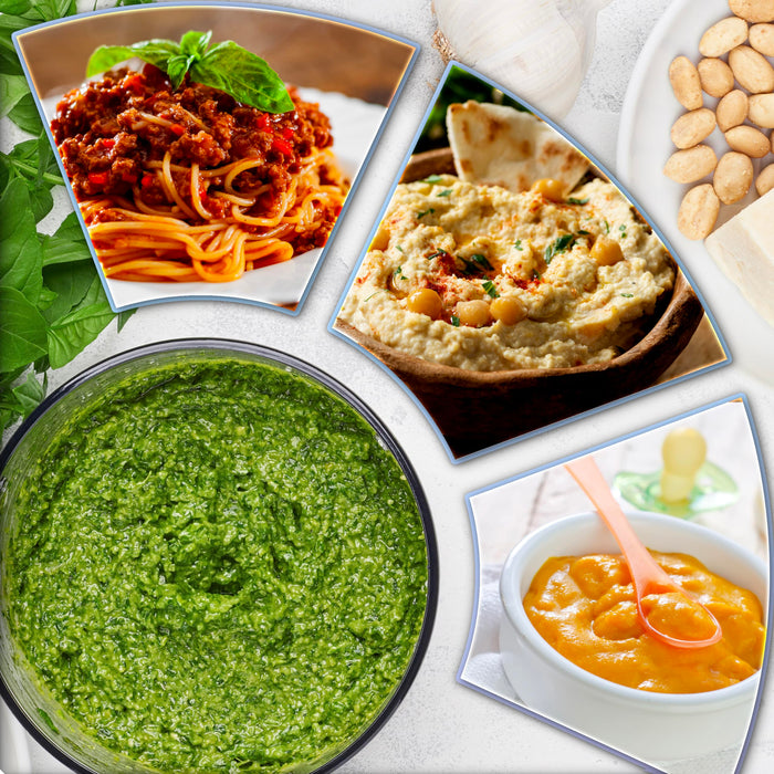 A collage of various blended foods including a large bowl of fresh green pesto, spaghetti bolognese, creamy hummus with pita, and smooth orange baby puree.