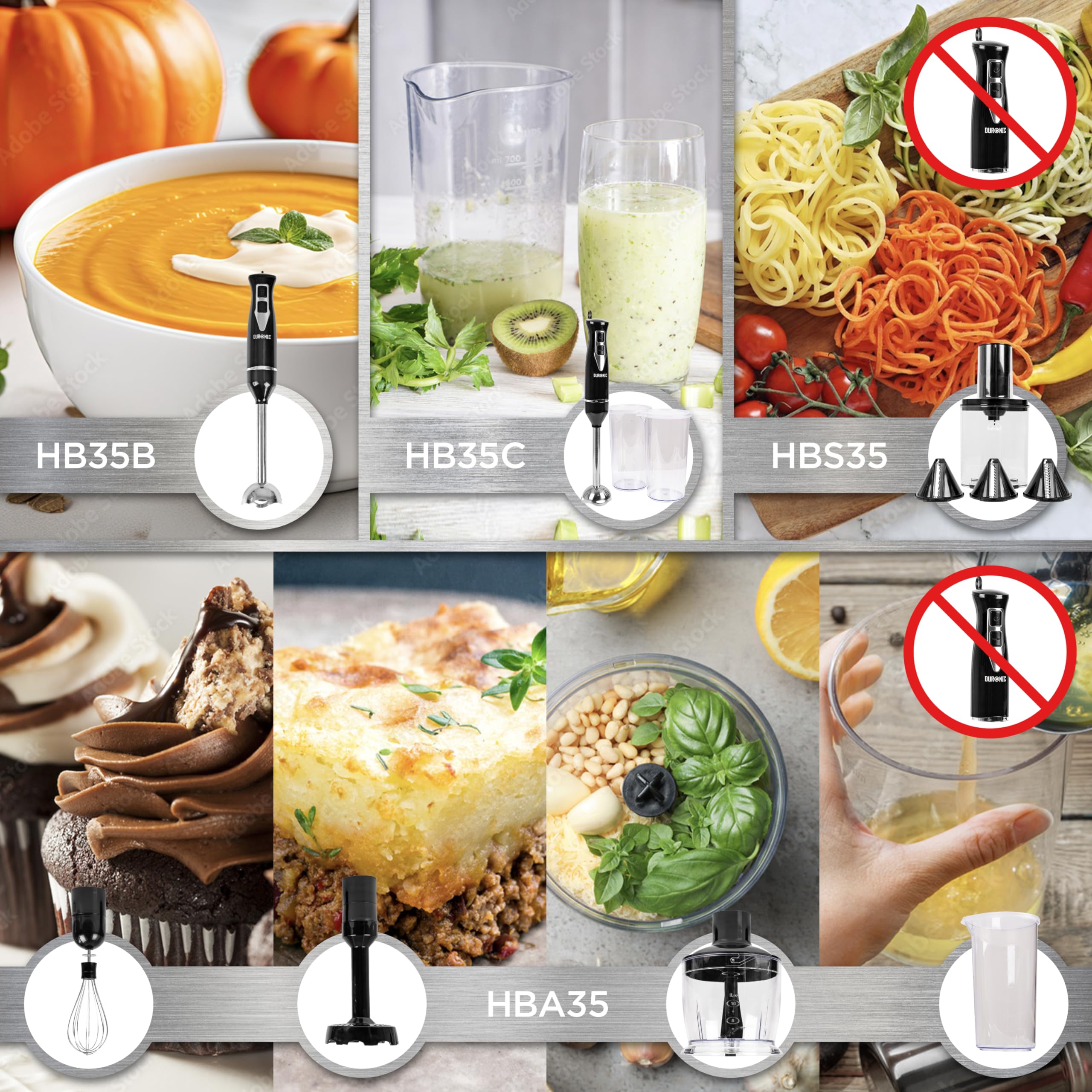 An overview of four immersion blender models (HB35B, HB35C, HBS35, and HBA35) showcasing their specific attachments for blending soups, frothing drinks, spiralizing vegetables, whisking, mashing, and food processing.