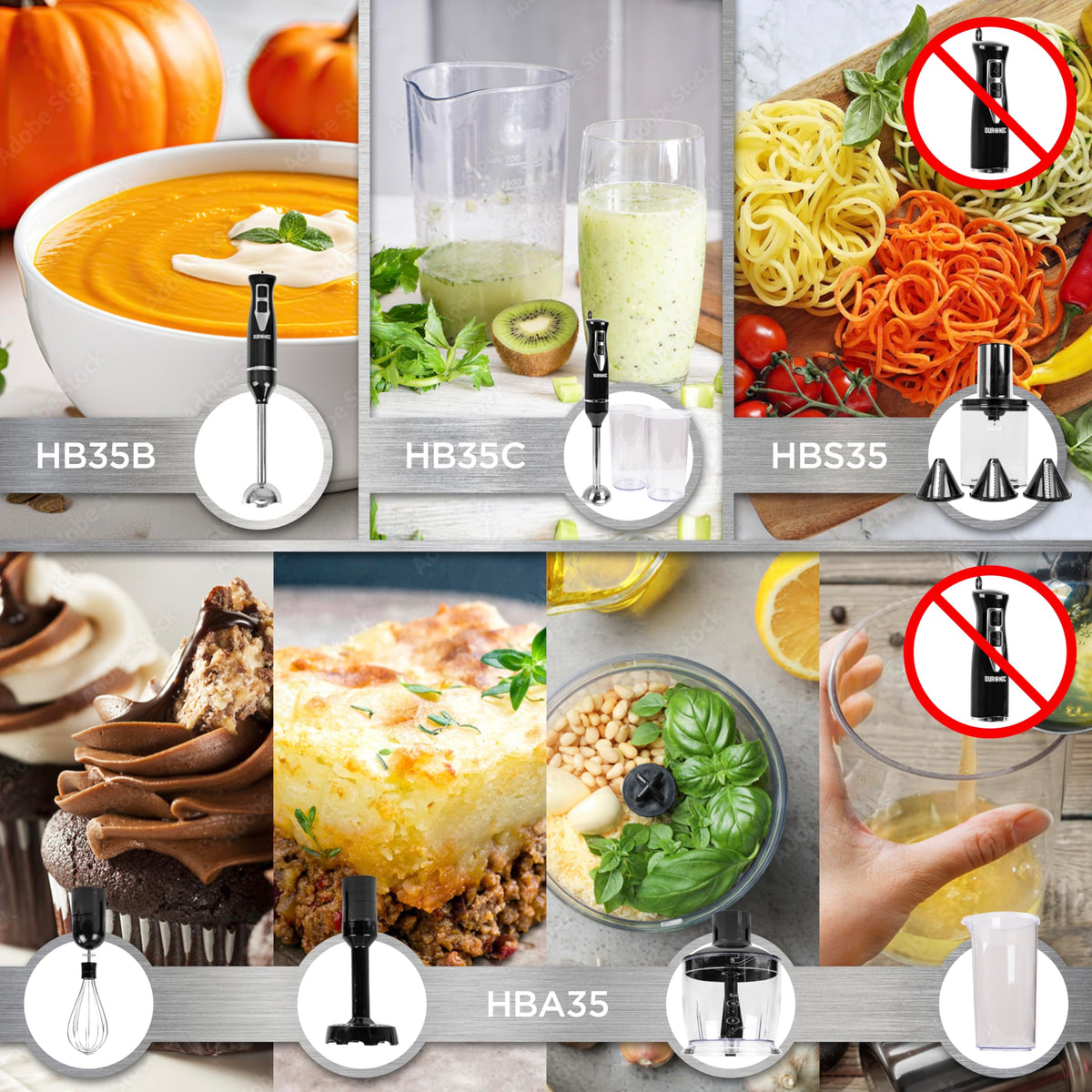 An overview of four immersion blender models (HB35B, HB35C, HBS35, and HBA35) showcasing their specific attachments for blending soups, frothing drinks, spiralizing vegetables, whisking, mashing, and food processing.