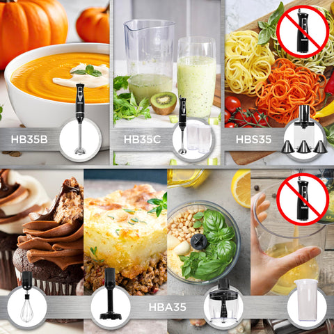 Comparison of four Duronic hand blender models (HB35B, HB35C, HBS35, and HBA35) and their various attachments for blending soup, frothing drinks, spiralizing vegetables, whisking, and food processing