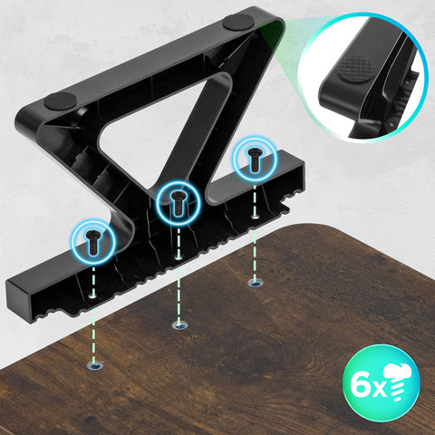 Diagram showing assembly of black Z-shaped desk legs to a wooden tabletop using six screws.