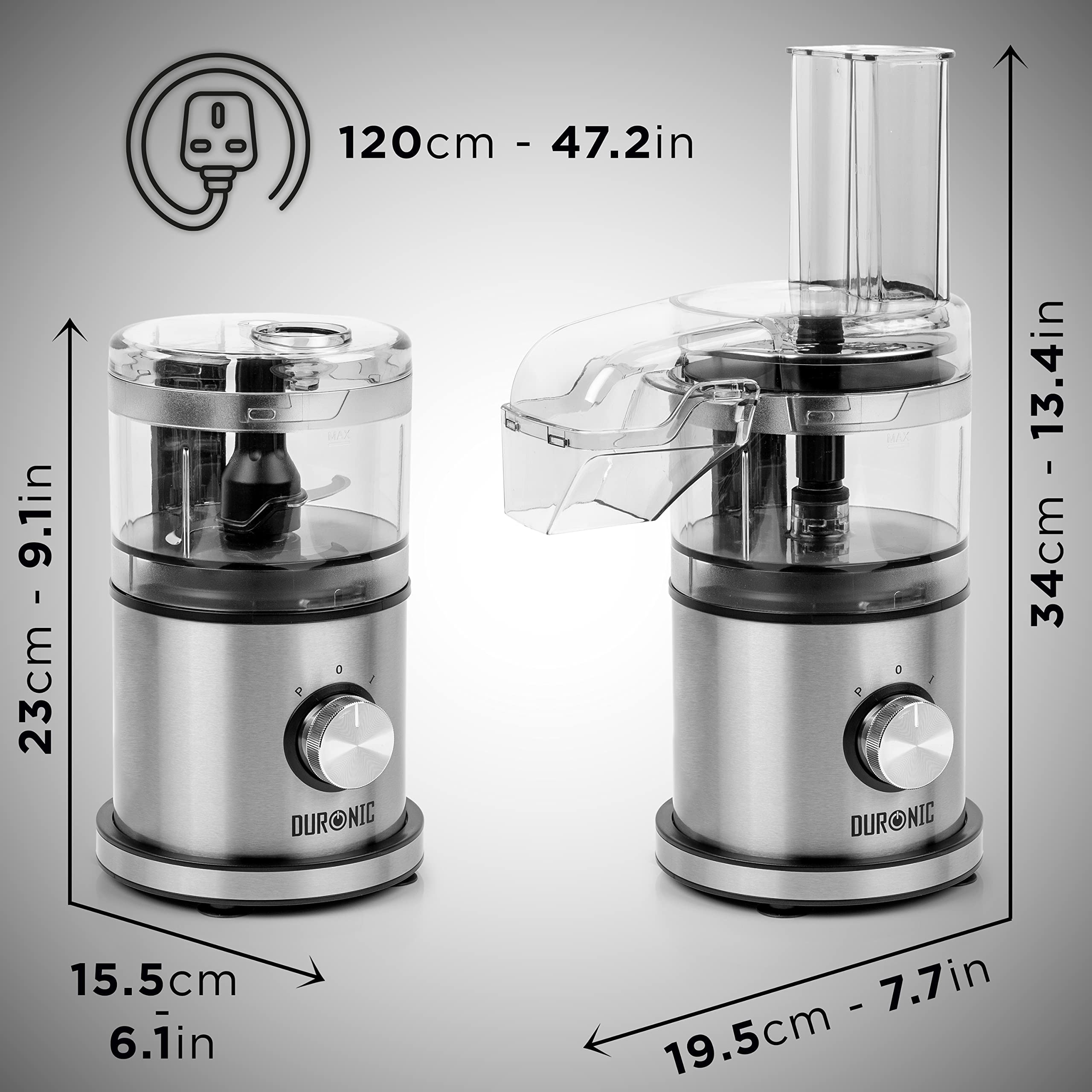 Duronic 2-in-1 Mini Food Processor and Chopper showing height, width, and a 120cm power cord in two configurations.