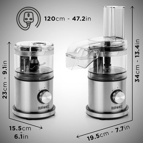 Duronic 2-in-1 Mini Food Processor and Chopper showing height, width, and a 120cm power cord in two configurations.