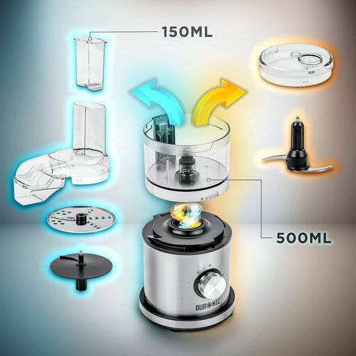 Duronic 2-in-1 Mini Food Processor and Chopper with 500ml bowl, 150ml pusher, blades, and slicer.