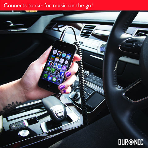 Duronic 2M Aux Audio Cable connecting an iPhone to a car stereo system for mobile music playback.