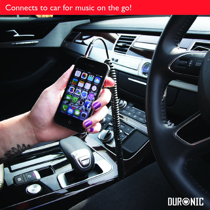 Duronic 2M Aux Audio Cable connecting an iPhone to a car stereo system for mobile music playback.