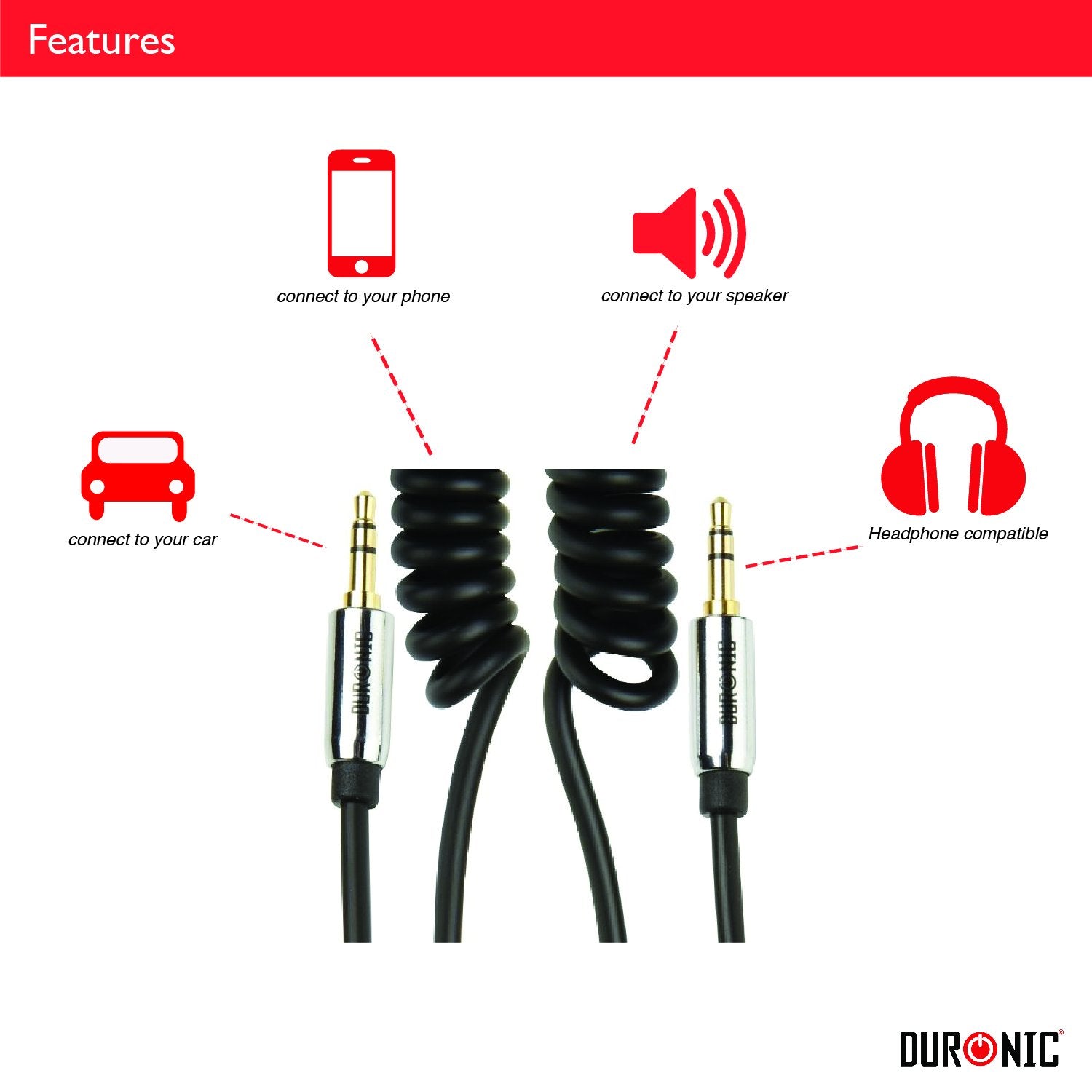 Duronic 2M Aux Audio Cable connecting to phones, car stereos, speakers, and headphones.