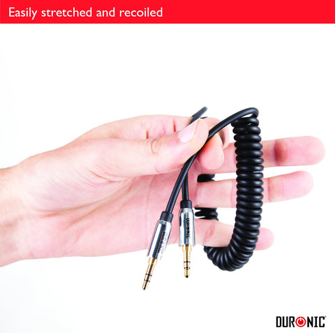 Duronic 2M Aux Audio Cable with gold-plated connectors held by a hand against white.