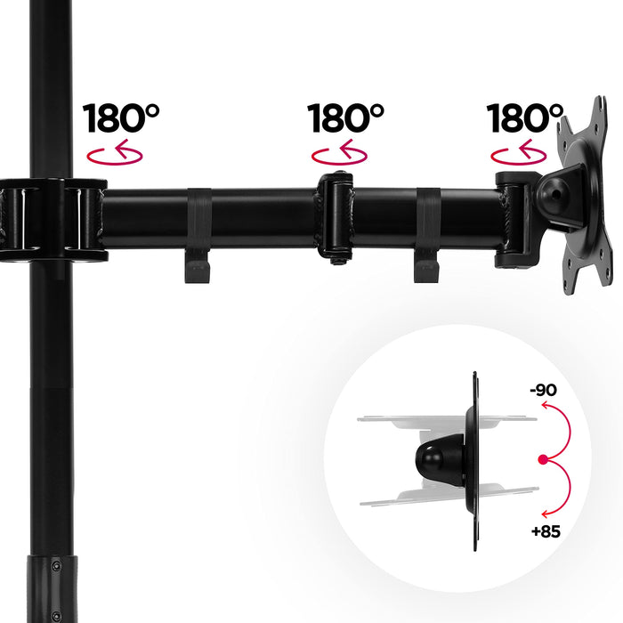 Duronic 4 Screen Monitor Stand showing 180-degree swivel points and vertical tilt range functionality.