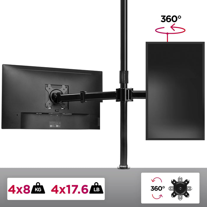 Duronic 4 Screen Monitor Stand with 360-degree rotation, supporting up to four 17.6-pound screens.