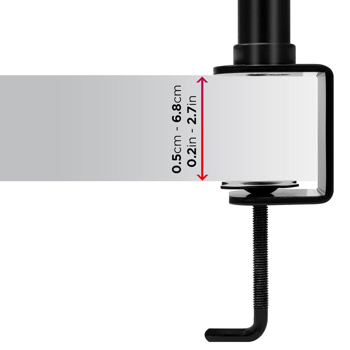 Duronic 4 Screen Monitor Stand with adjustable screw, fitting table thicknesses from 0.5cm to 6.8cm.