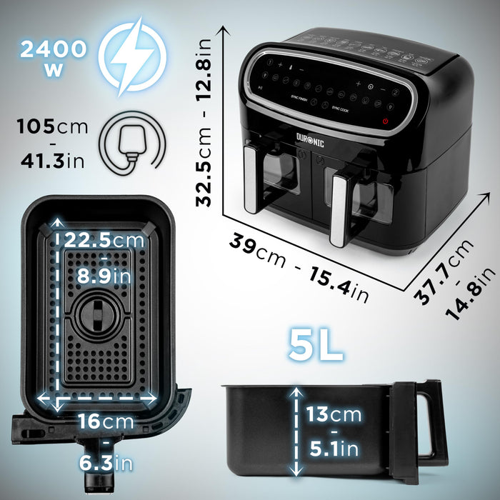 Duronic AF24 BK dual basket air fryer for family meals breakfast lunch dinner