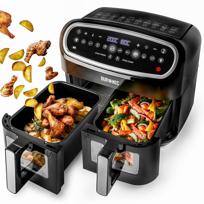Duronic AF24 BK dual drawer air fryer cooking wings wedges vegetables