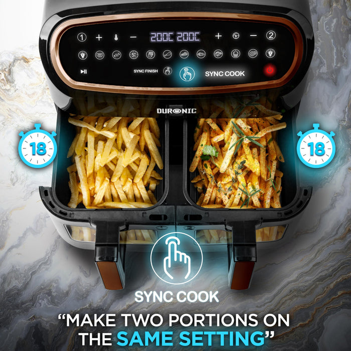 Duronic AF34 BG double basket air fryer sync cook fries chips