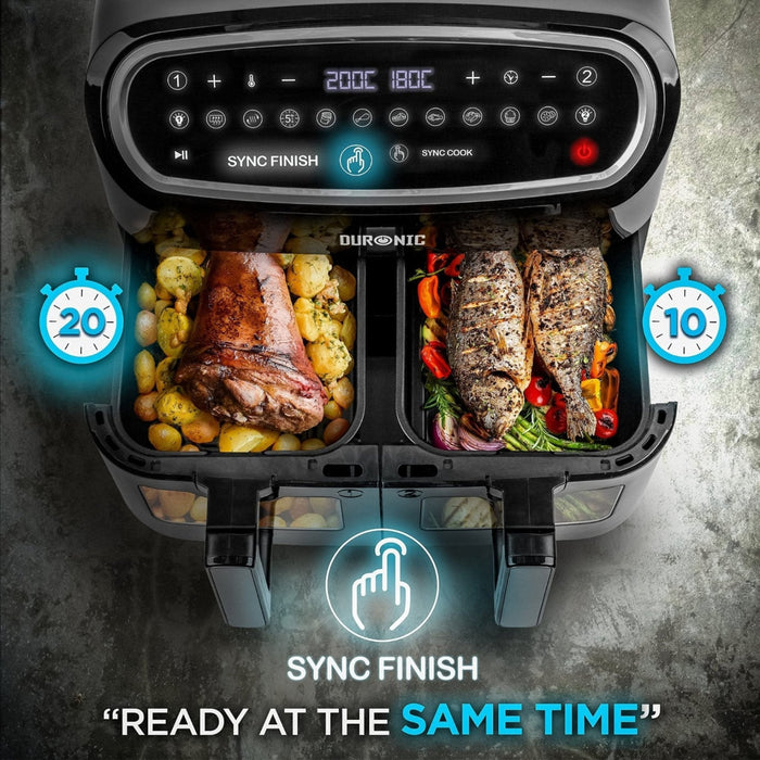 Duronic AF34 BK double drawer air fryer with Sync Finish cooking roast meat, fish, vegetables, potatoes simultaneously