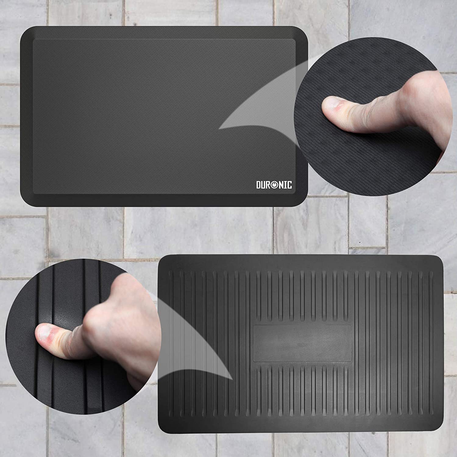 Duronic Anti-Fatigue Mat highlighting its cushioned foam texture and non-slip ribbed base.
