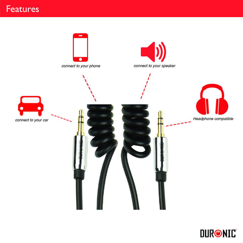 Duronic Aux Audio Cable with icons highlighting its compatibility for connecting phones to cars, speakers, and headphones.