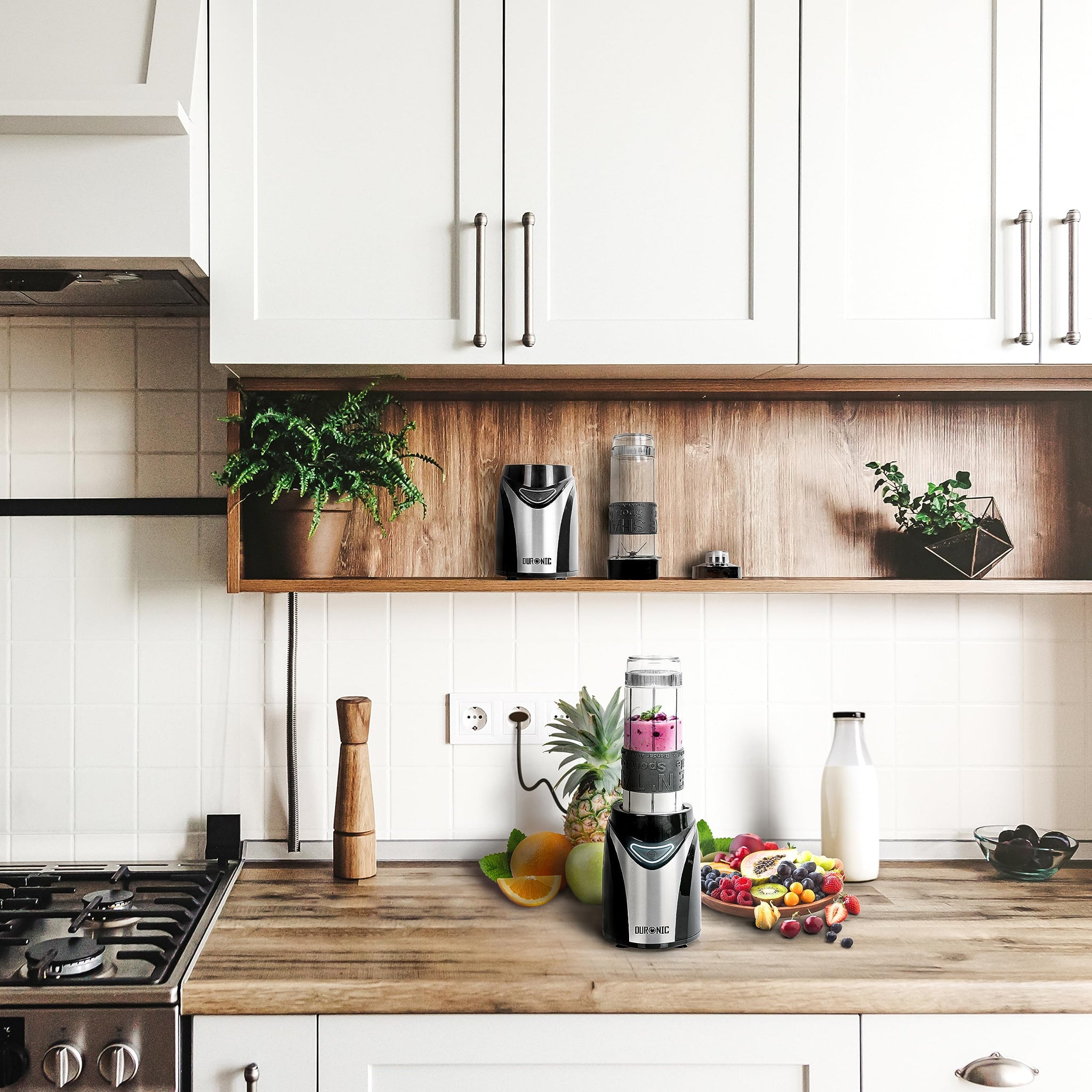 Duronic BL530 kitchen blender placed on an aesthetic kitchen countertop with fruits and milk