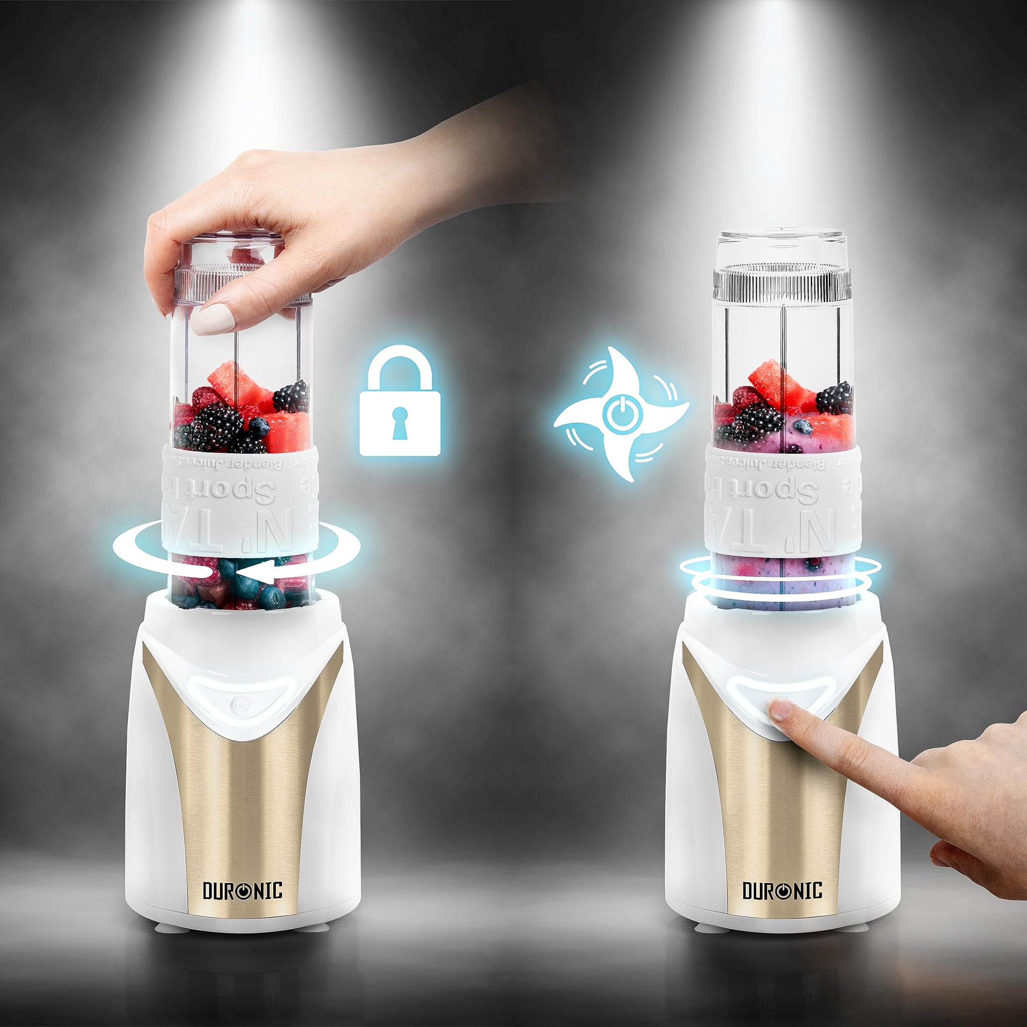 Duronic BL540 personal blender with locking mechanism and push button to blend juices, smoothies, milkshakes