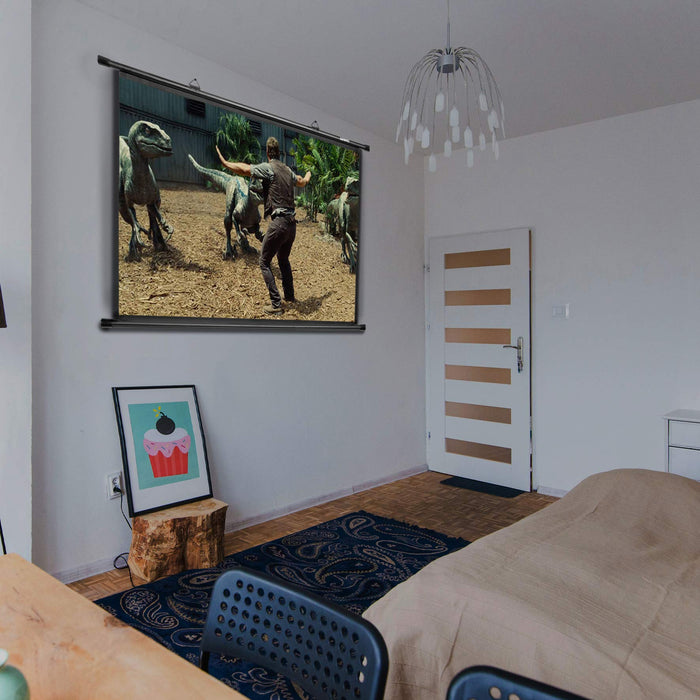 Duronic BPS50/43 projection screen mounted on home wall watching movie jurassic park 