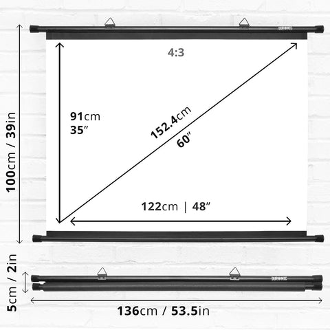 Duronic BPS60 projector screen dimensions height, length, width, depth for watching tv shows, documentaries, movies, streaming