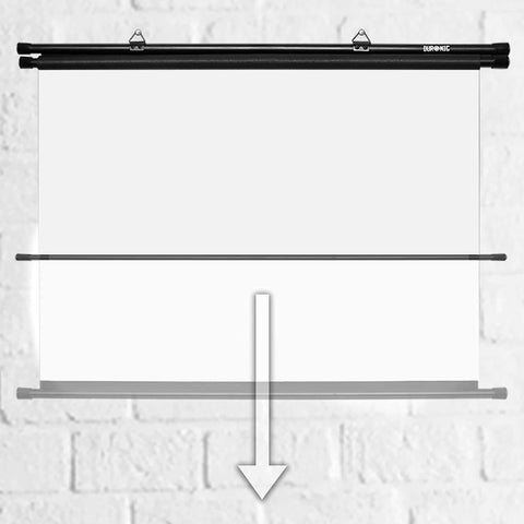 Duronic BPS60 projector screen mounted on wall pulling down screen for convenience