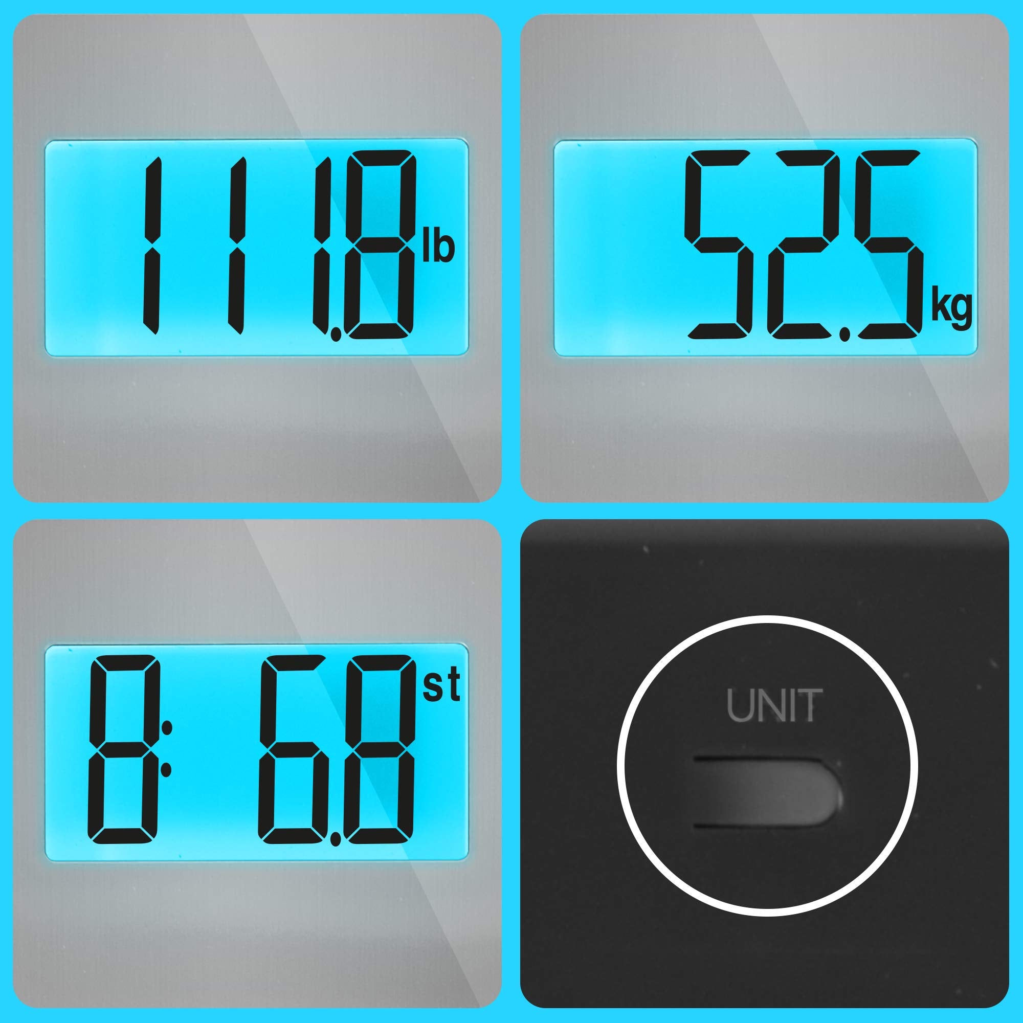 Duronic BS103 digital body scales LD screen with unit button to switch between pounds, kilograms, and stones